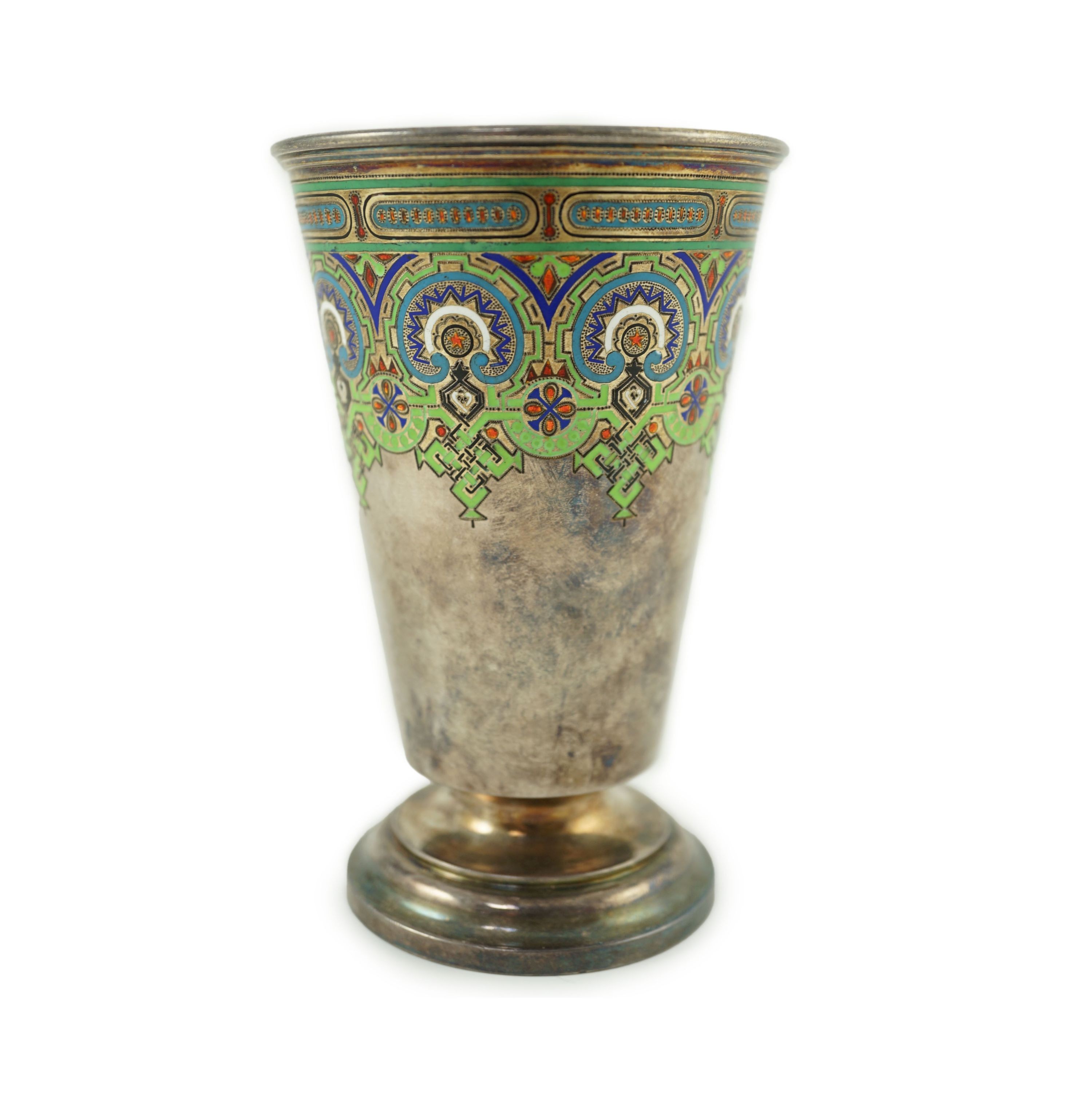 A late 19th century Russian 91 zolotnik silver and polychrome champlevé enamel pedestal beaker, St. Petersburg, maker Pavel Sazikov, 1874